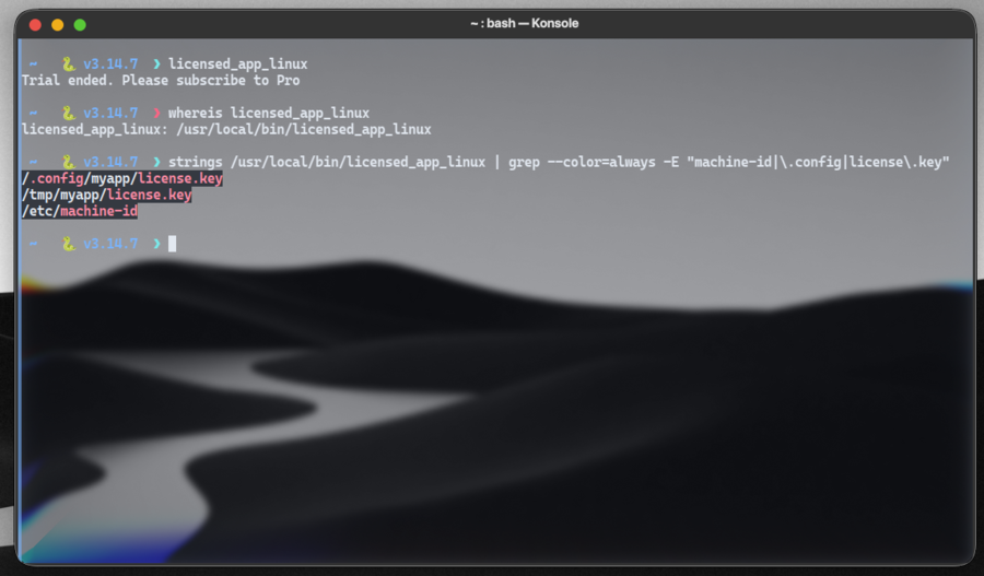 strings output showing hardcoded /etc/machine-id path in licensed_app_linux