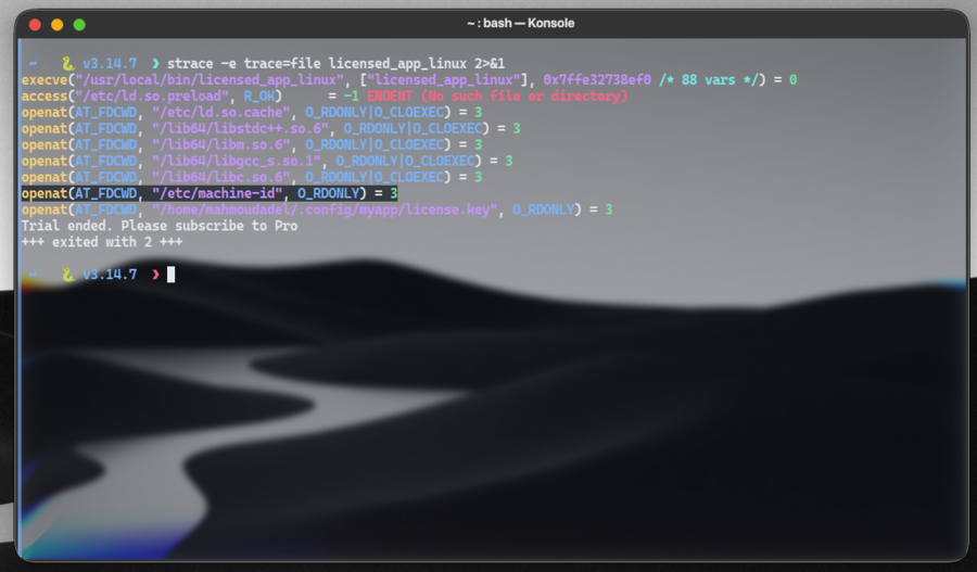 strace log showing openat and read of /etc/machine-id by licensed_app_linux