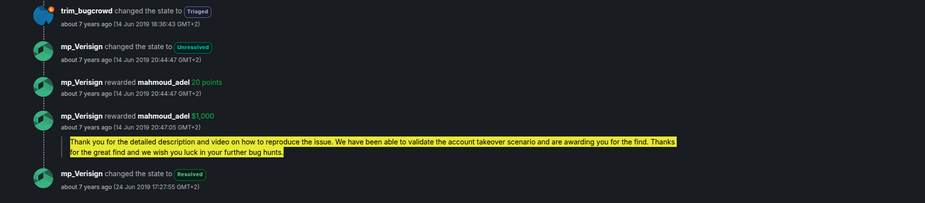 Bugcrowd reward and triage — Verisign CSRF $1,000 — DomainScope